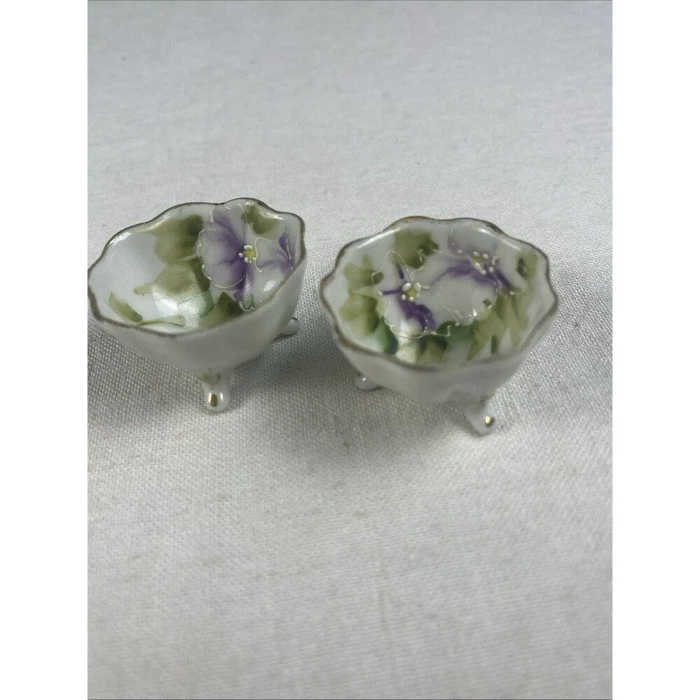 PAIR HAND PAINTED  SALT CELLAR DIPS-LAVENDER FLOWERS - GREEN-GOLD TRIM - FOOTED